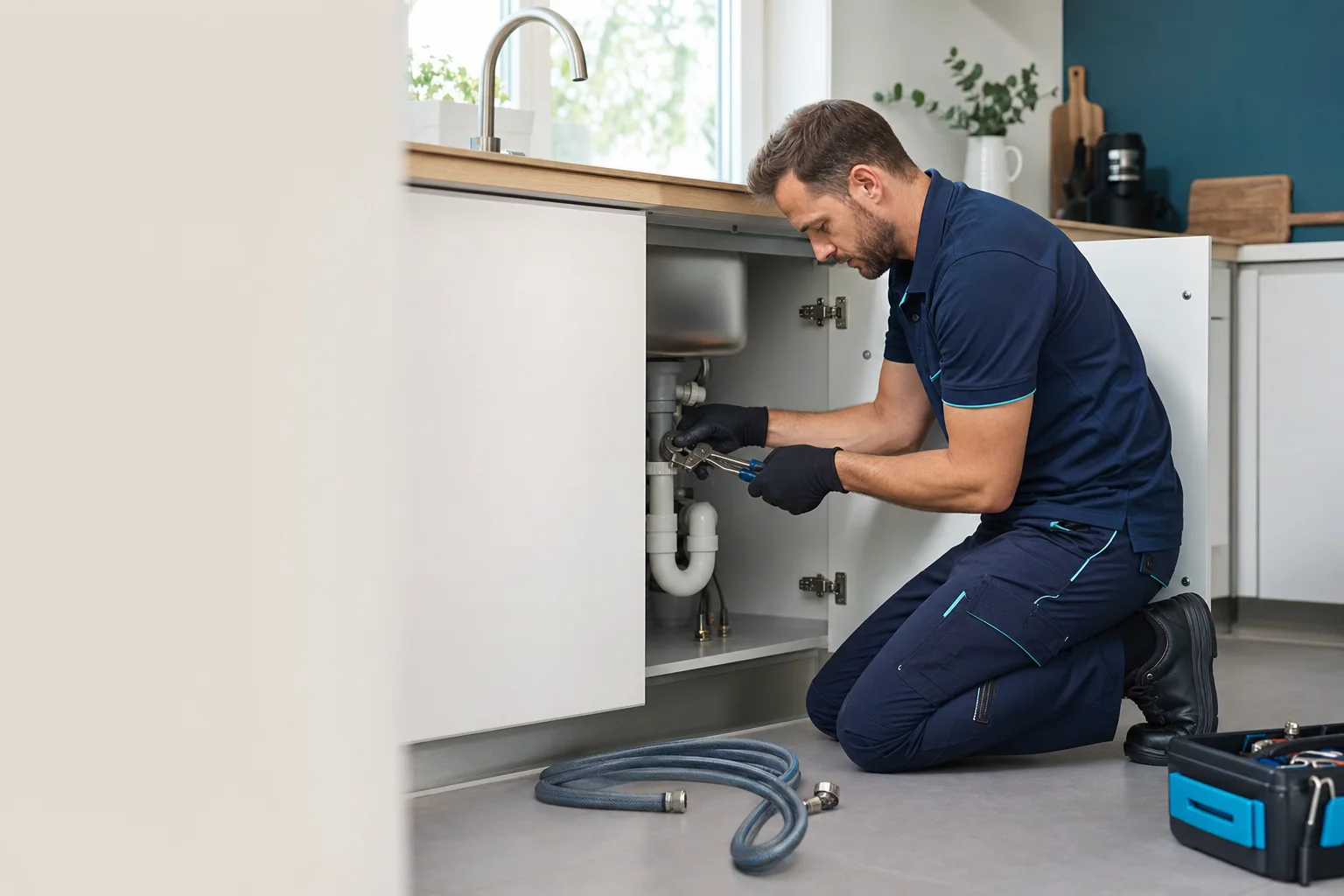 Klempner bei einer professionellen Rohrreparatur in einer modernen Küche