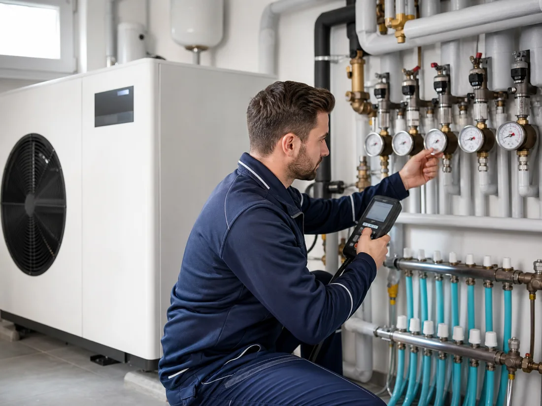 Techniker bei der Wartung einer modernen Heizungsanlage